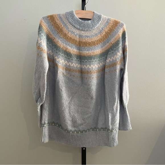 J Crew Fair Isle Yoke Puff Sleeve Sweater In Dusty Sky Peach Size Small - Picture 2 of 6